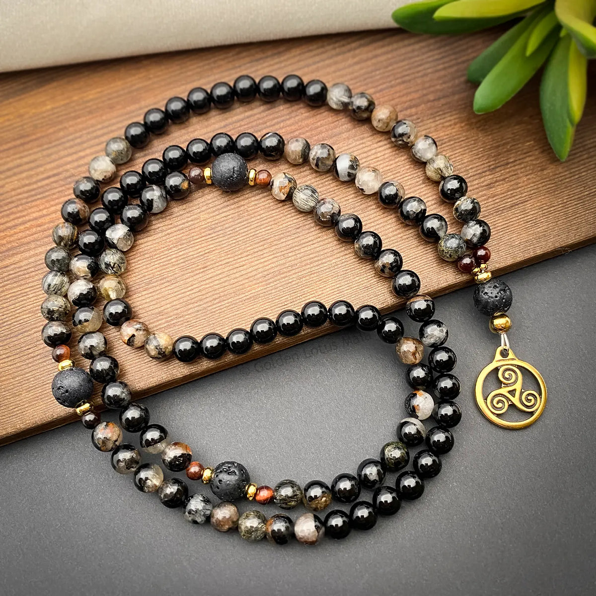 Tourmaline Mala Necklace with Triskelion Pendant and Lava Stone