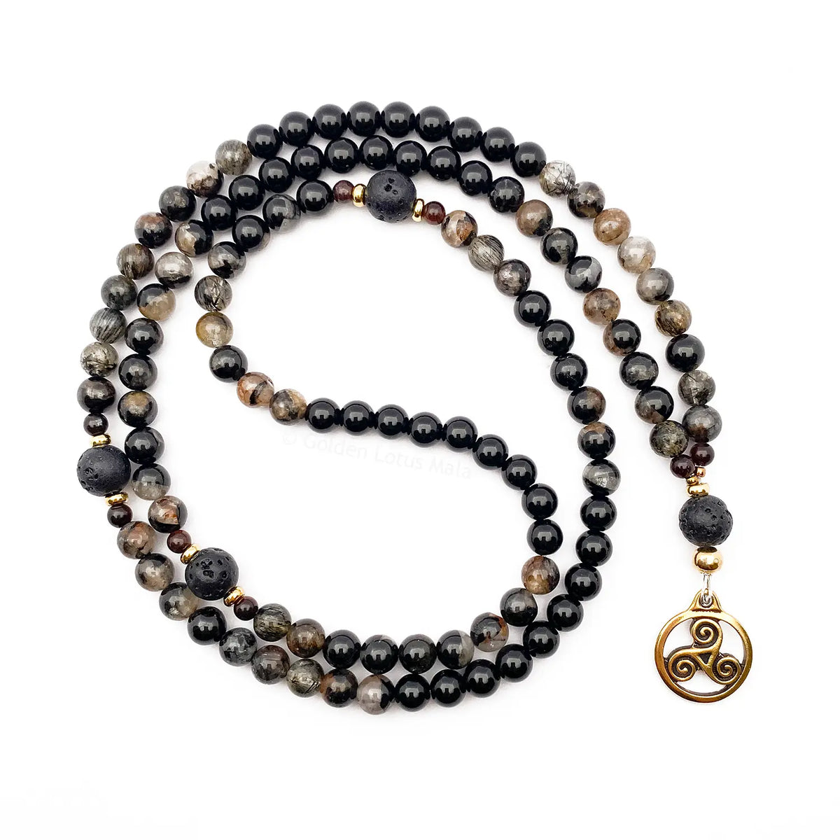 Tourmaline Mala Necklace with Triskelion Pendant and Lava Stone
