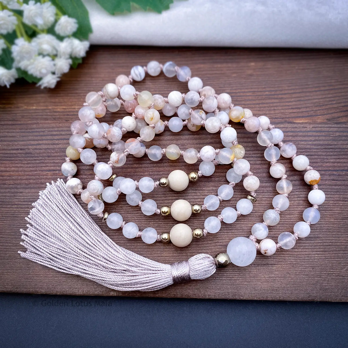 Cherry Blossom Mala Necklace with White Jade and Fossil Stone