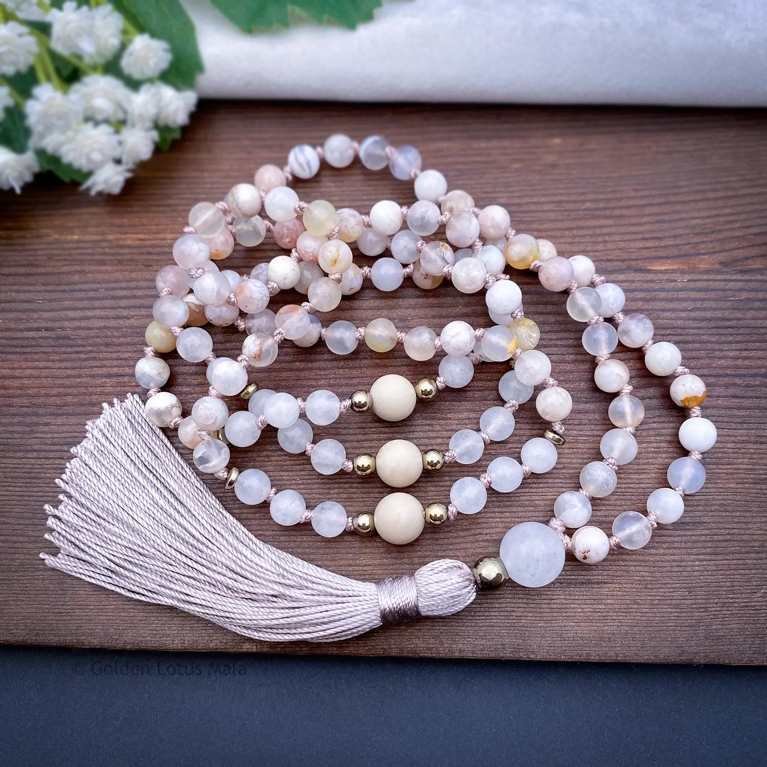 Cherry Blossom Mala Necklace with White Jade and Fossil Stone