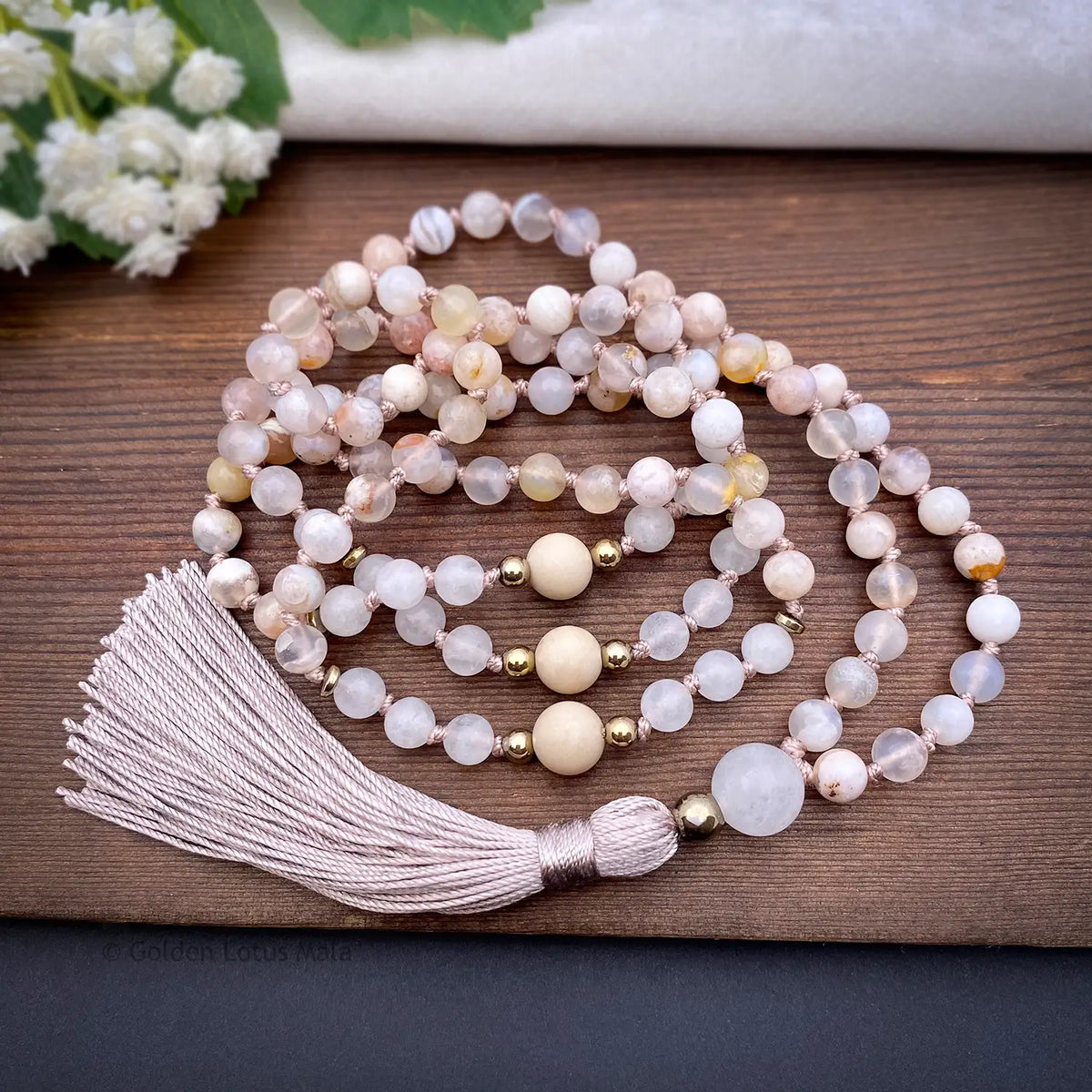 Cherry Blossom Mala Necklace with White Jade and Fossil Stone