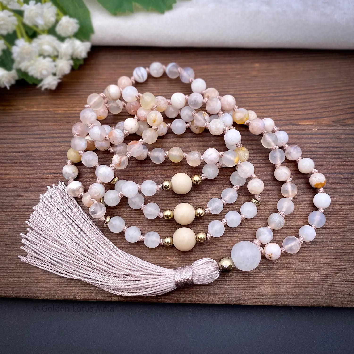 Cherry Blossom Mala Necklace with White Jade and Fossil Stone