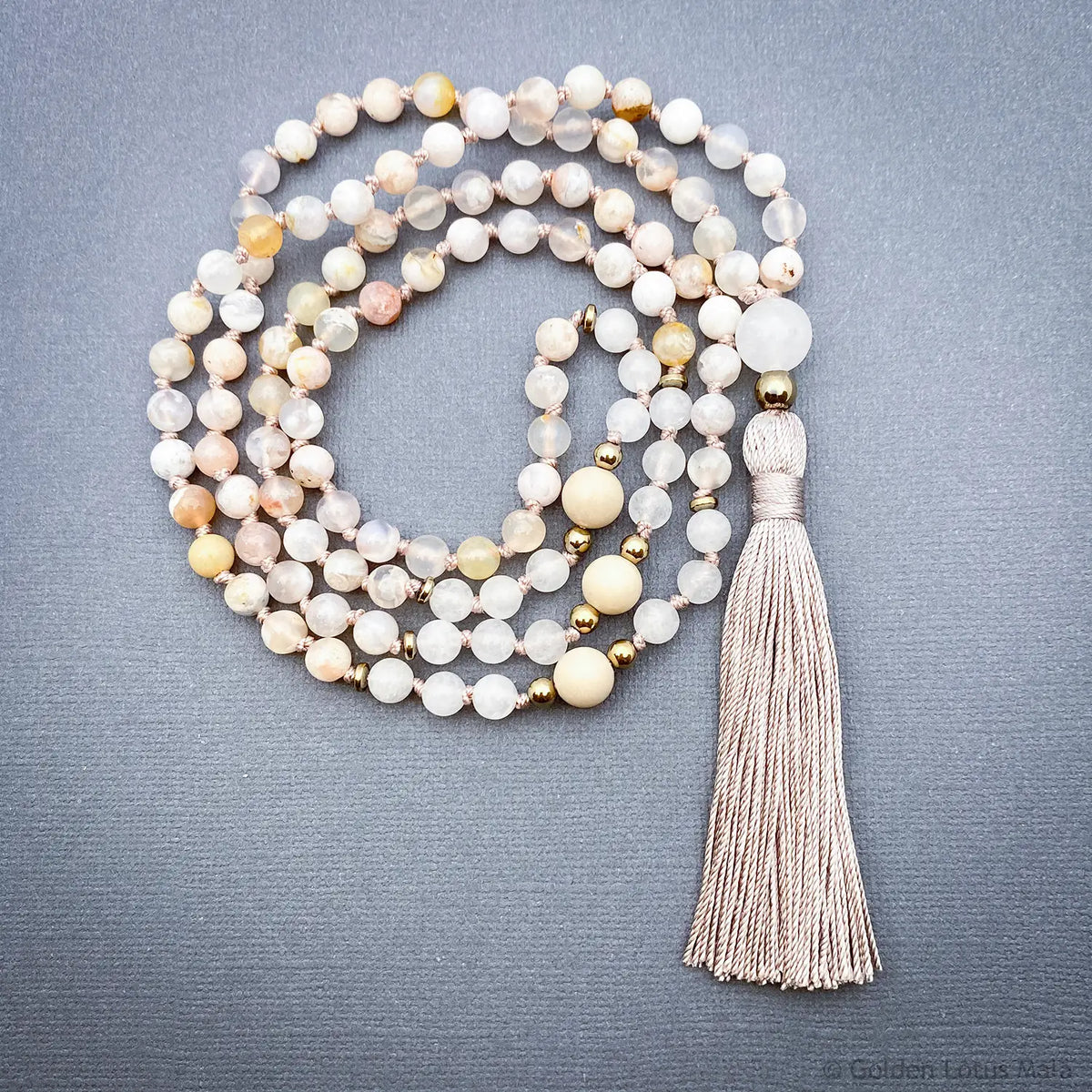 Cherry Blossom Mala Necklace with White Jade and Fossil Stone