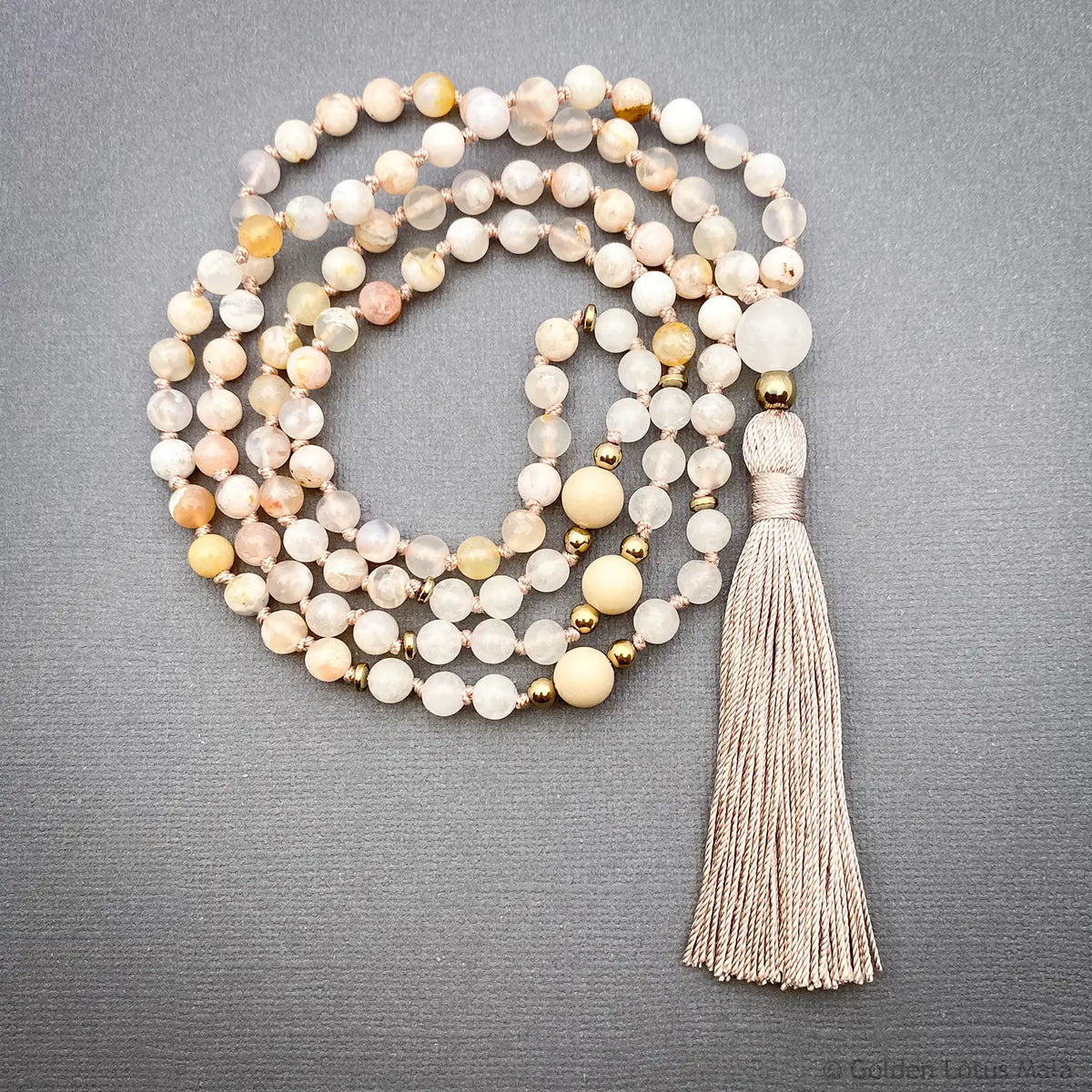 Cherry Blossom Mala Necklace with White Jade and Fossil Stone