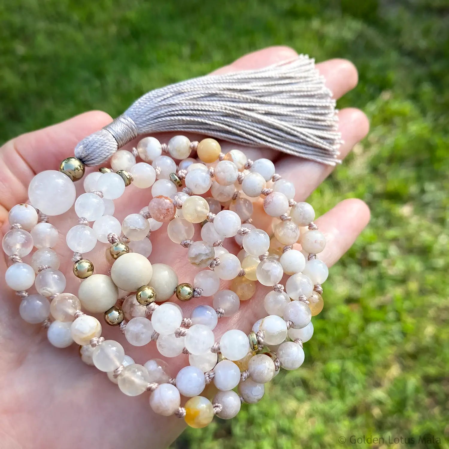 Cherry Blossom Mala Necklace with White Jade and Fossil Stone