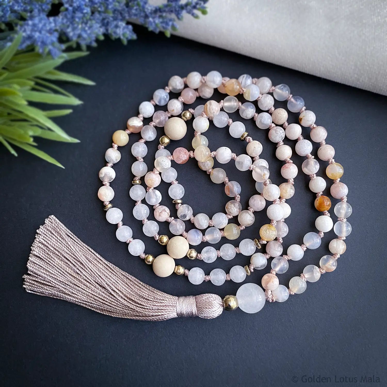 Cherry Blossom Mala Necklace with White Jade and Fossil Stone