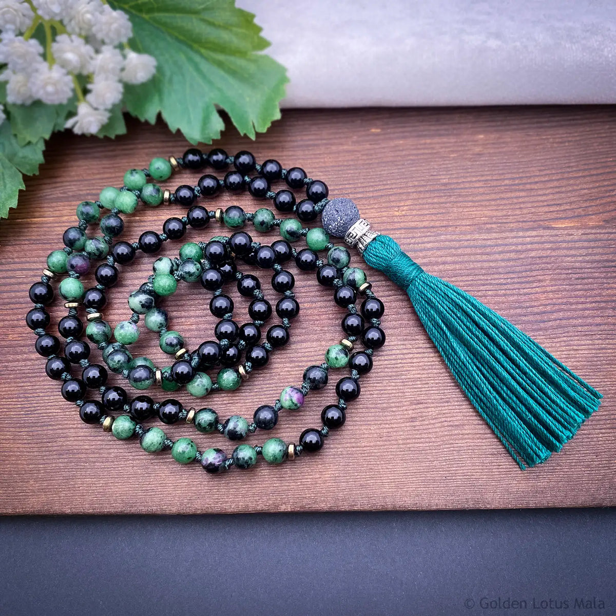 Ruby In Zoisite and Onyx Mala Necklace