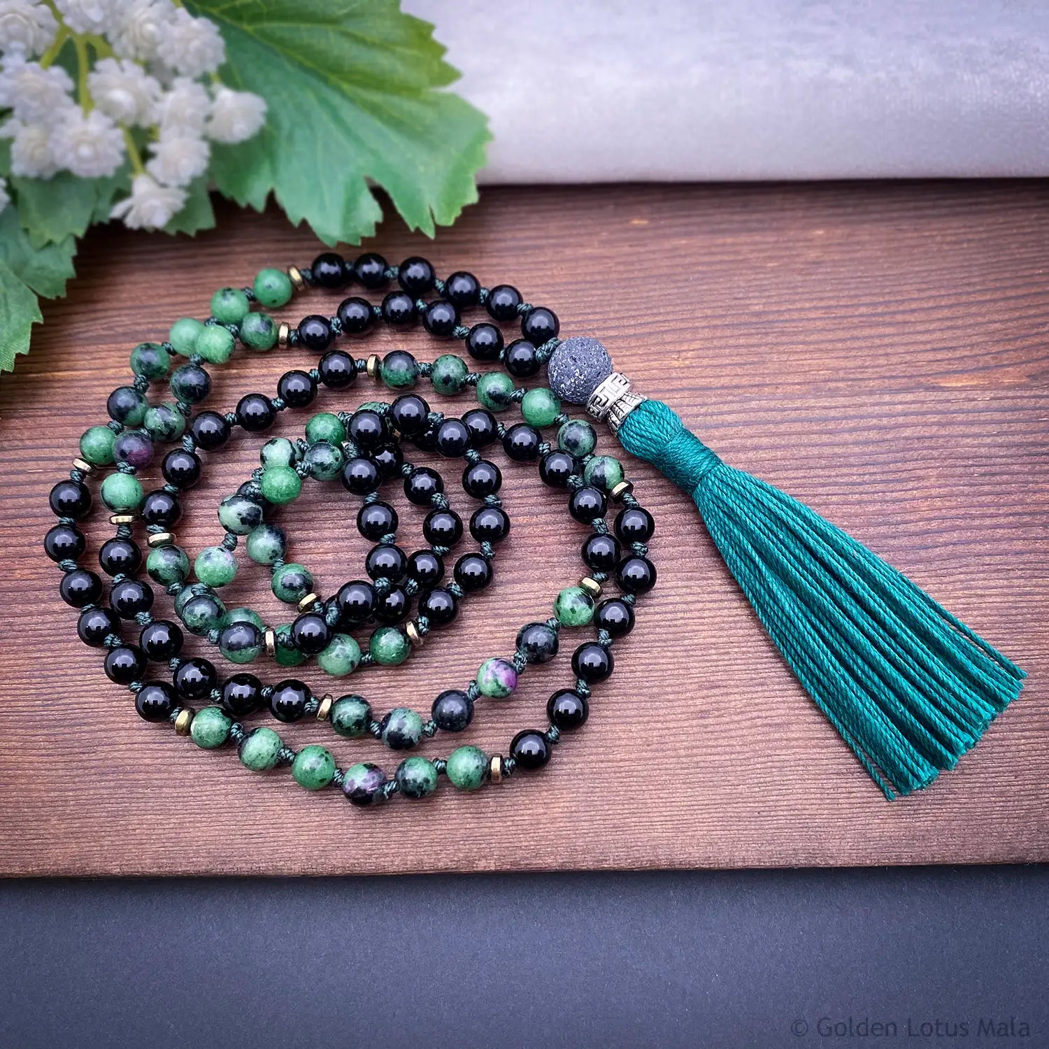 Ruby In Zoisite and Onyx Mala Necklace