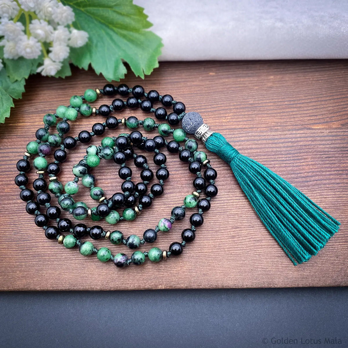 Ruby In Zoisite and Onyx Mala Necklace