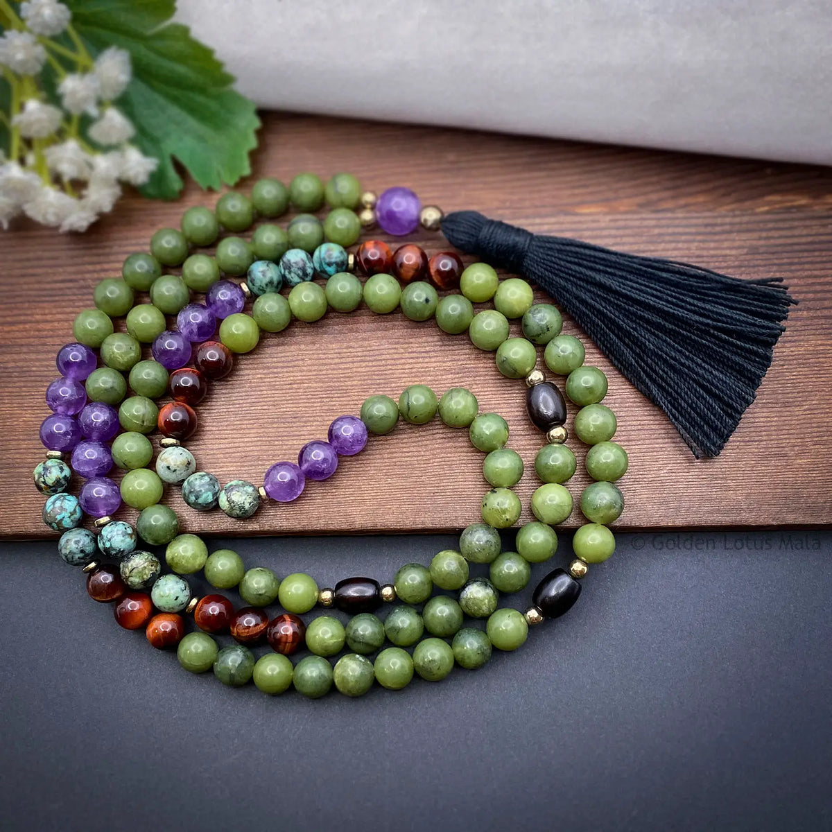 Jade Mala Beads with Amethyst, Turquoise, Red Tigers Eye, Ebony - Mindful Abundance