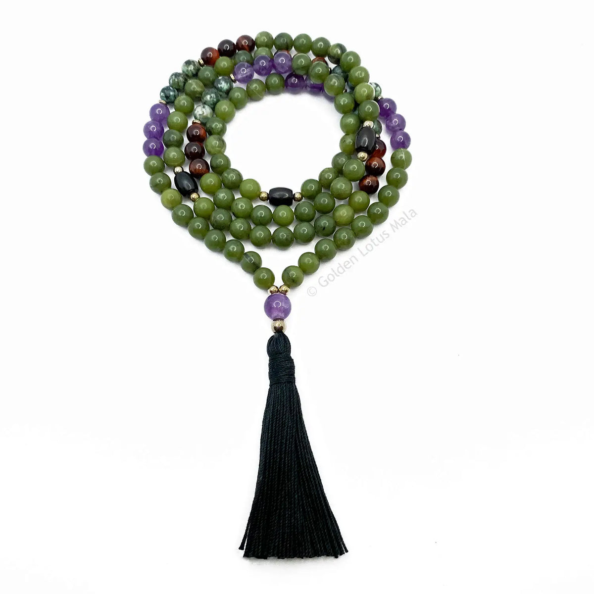 Jade Mala Beads with Amethyst, Turquoise, Red Tigers Eye, Ebony - Mindful Abundance