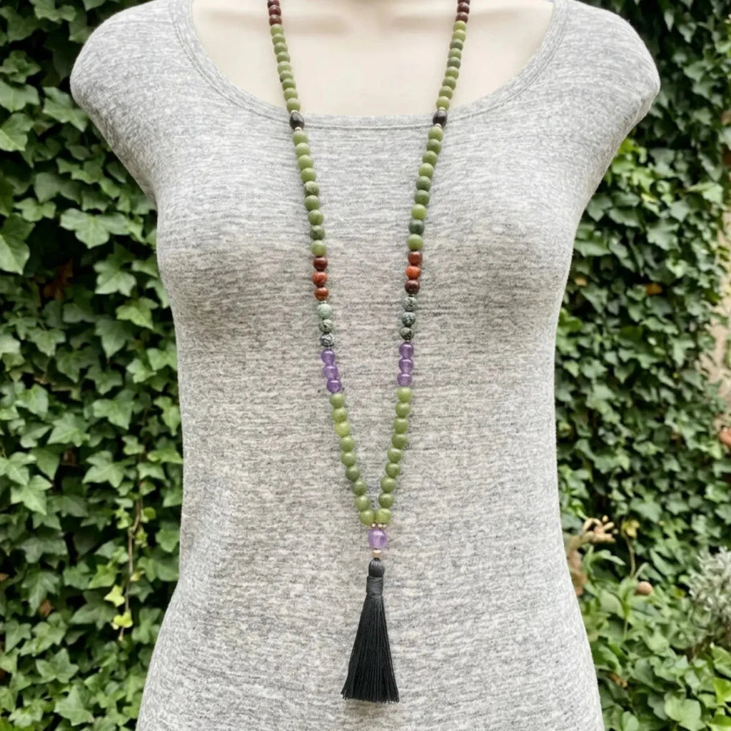 Jade Mala Beads with Amethyst, Turquoise, Red Tigers Eye, Ebony - Mindful Abundance