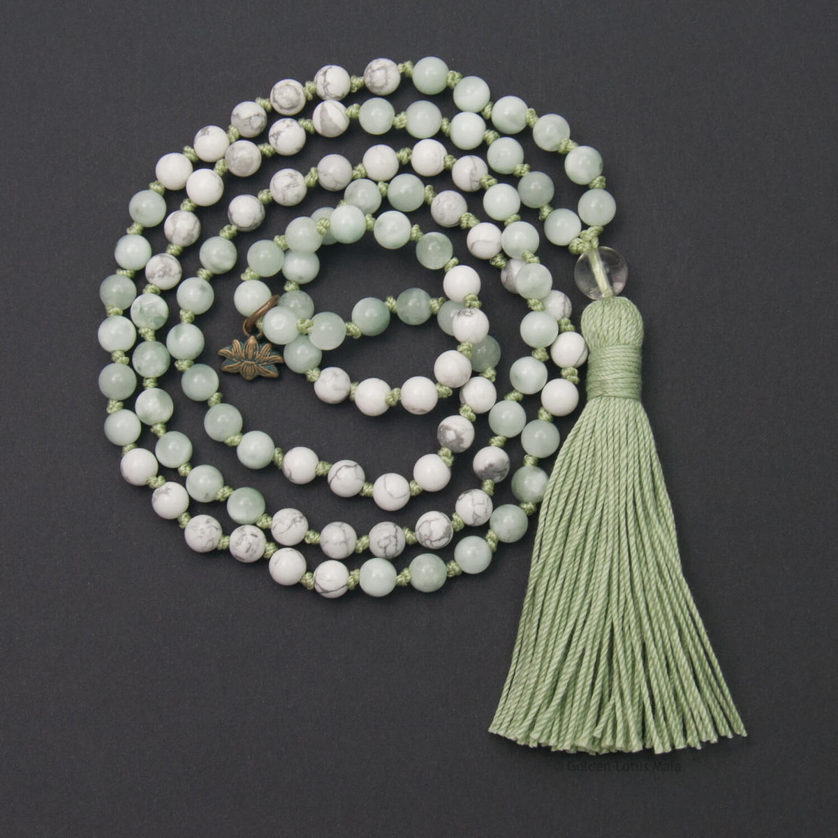 Inner Joy Mala - Howlite &amp; Moonstone - Golden Lotus Mala