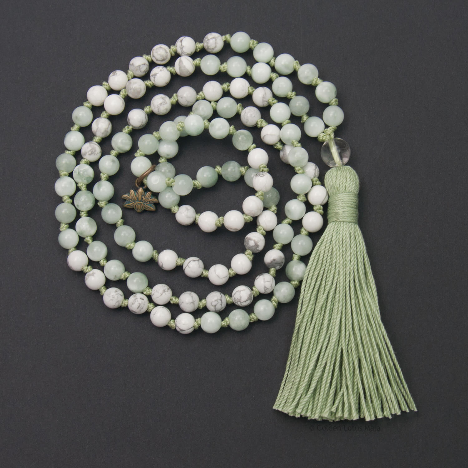 Inner Joy Mala - Howlite & Moonstone - Golden Lotus Mala