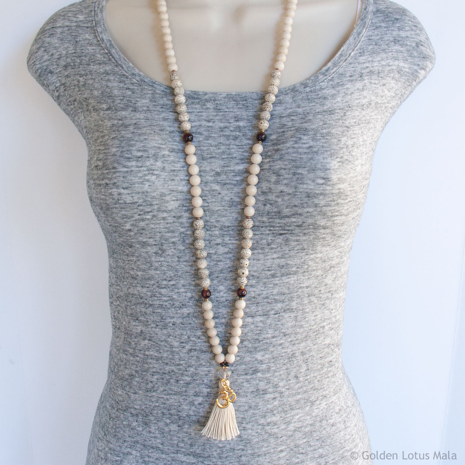 Om Shanti Mala - Bodhi Seed, Fossil Jasper, Tiger Eye