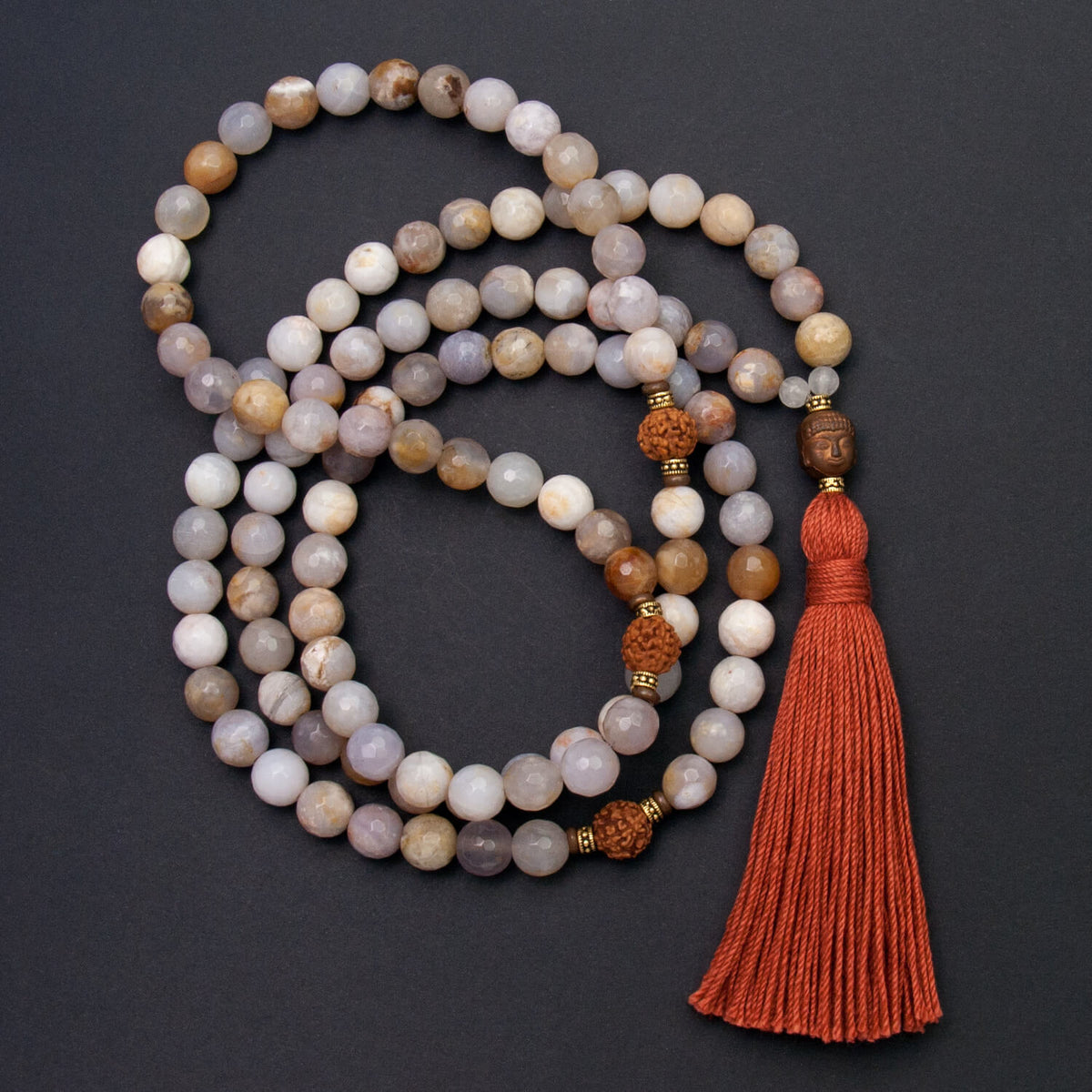 Tranquil Buddha Mala - Agate and Rudraksha