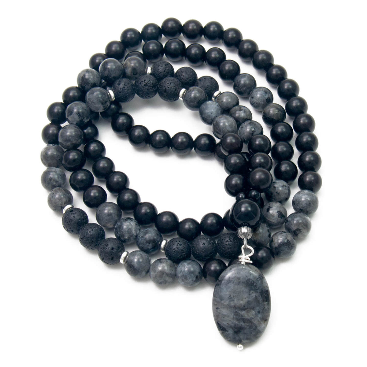 Warrior of Peace Mala Necklace, Larkivite, Basalt, Ebony