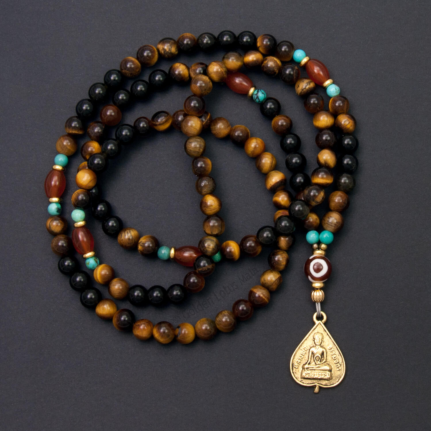 Middle Way Mala Necklace with Buddha Charm, Tiger Eye, Carnelian, Obsidian