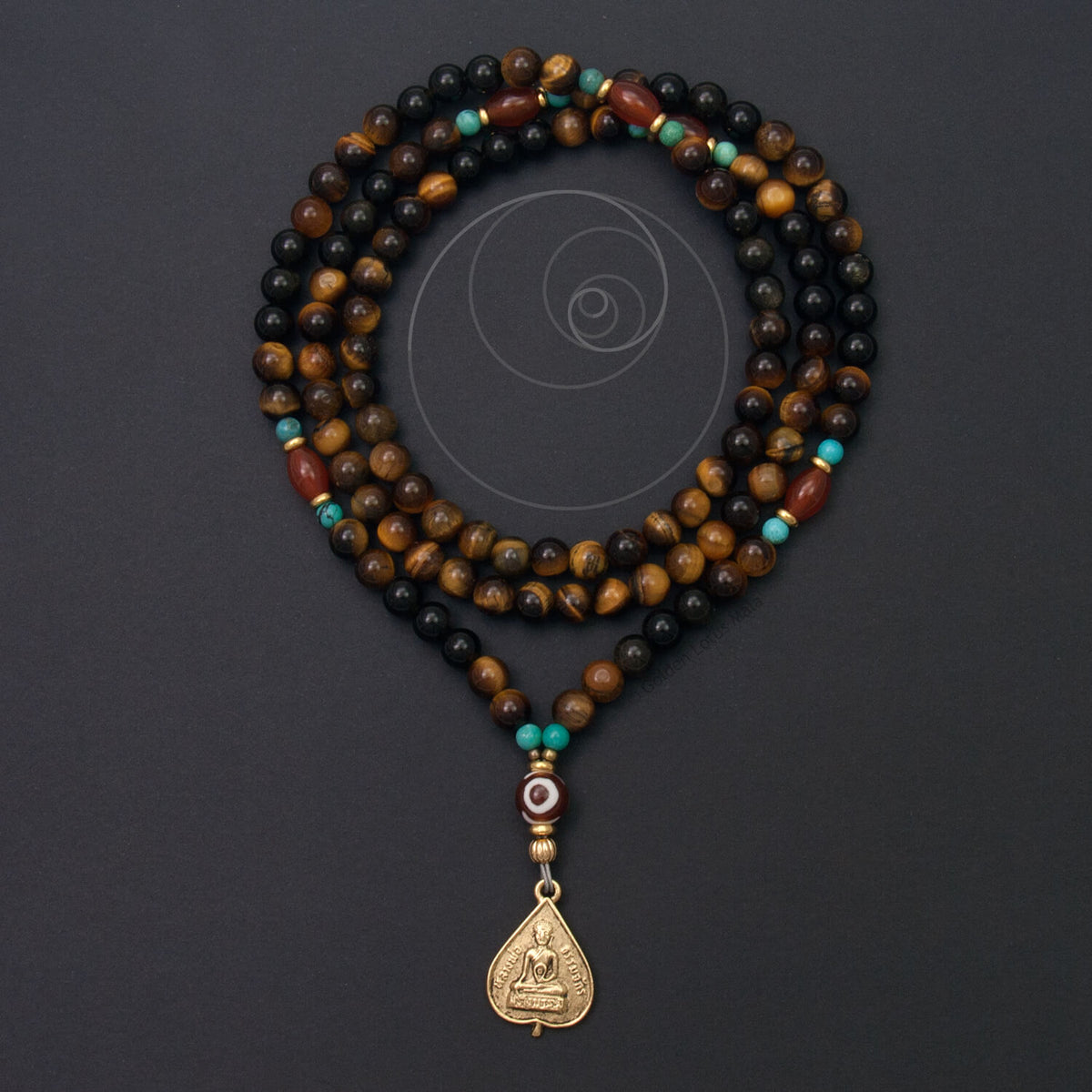 Middle Way Mala Necklace with Buddha Charm, Tiger Eye, Carnelian, Obsidian