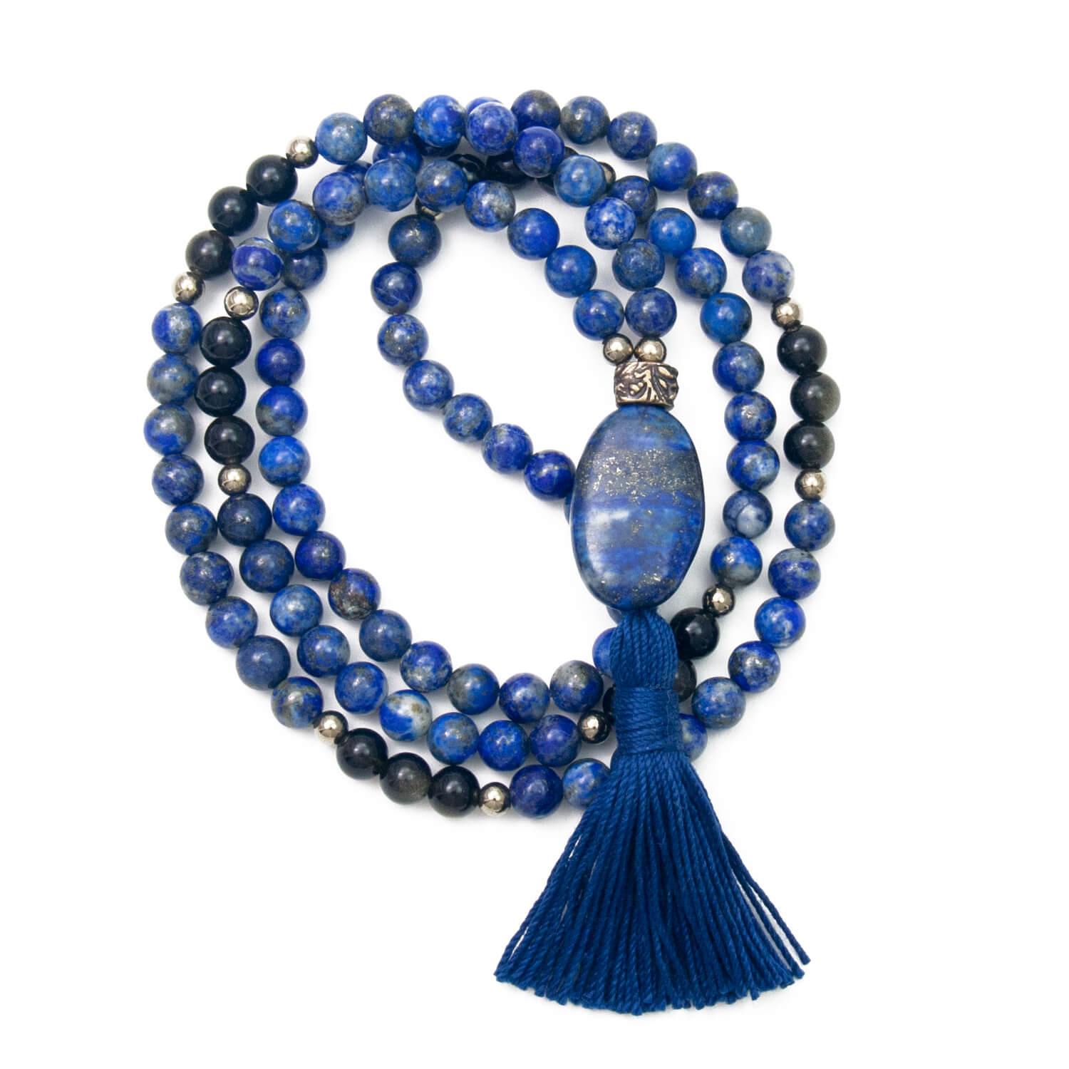 Lapis Lazuli Mala Necklace with Obsidian