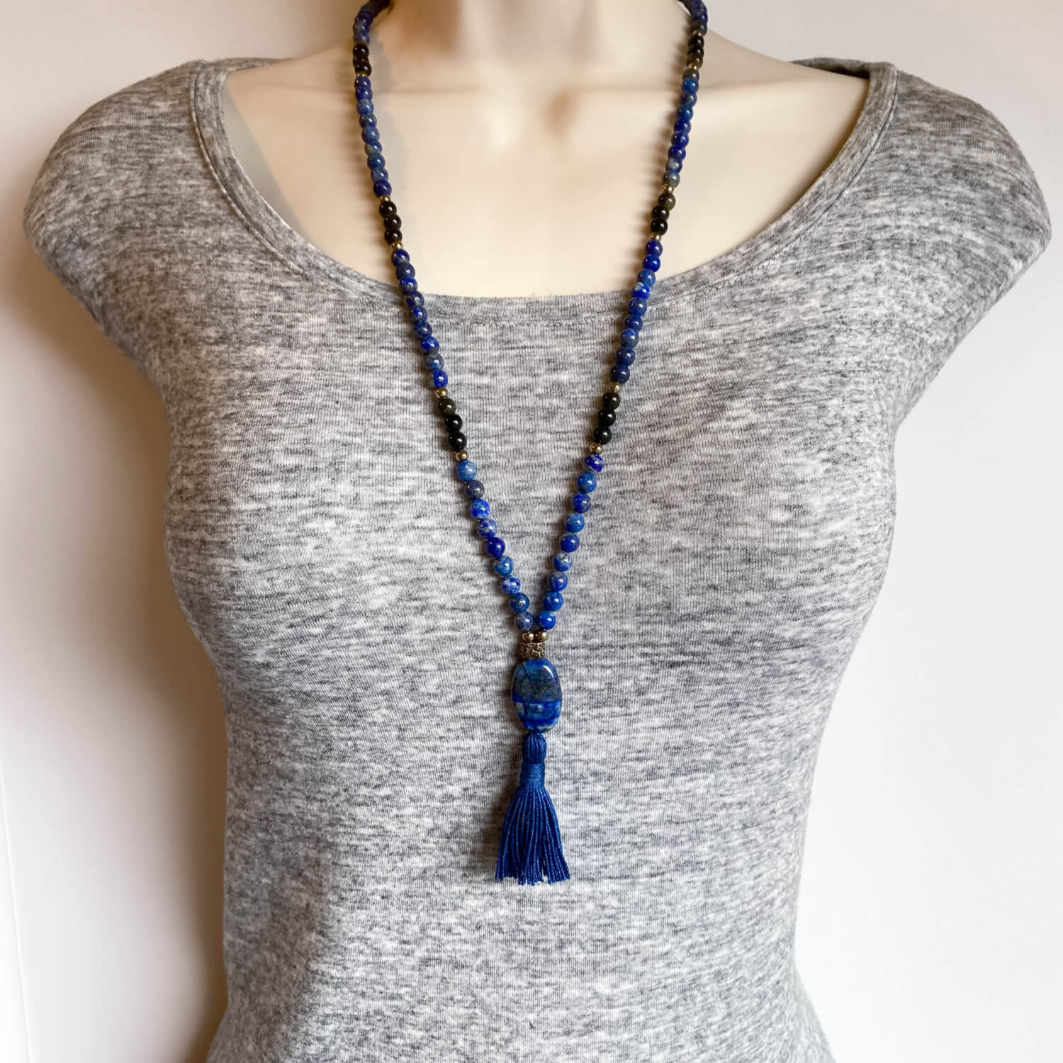 Lapis Lazuli Mala Necklace with Obsidian