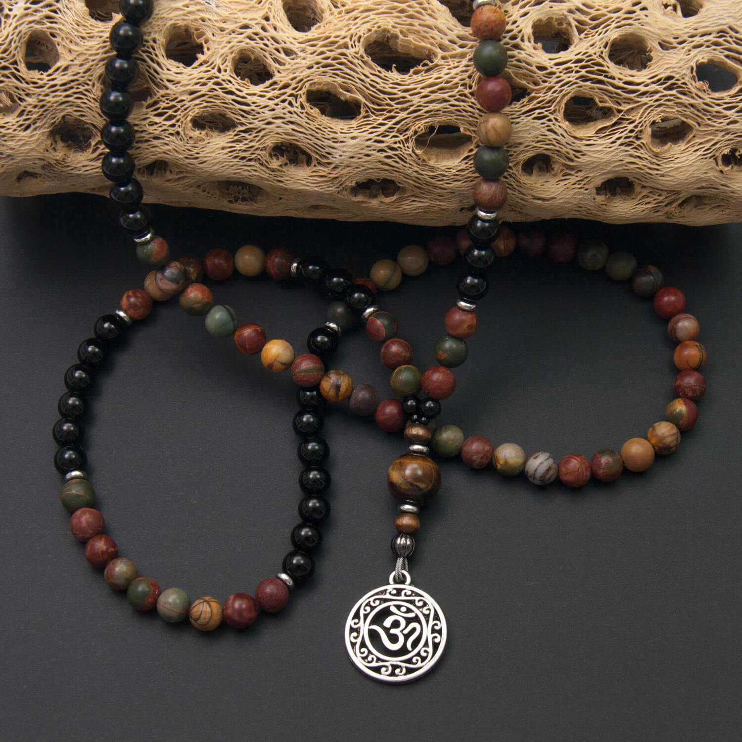 Om Mala Necklace, Picasso Jasper and Onyx