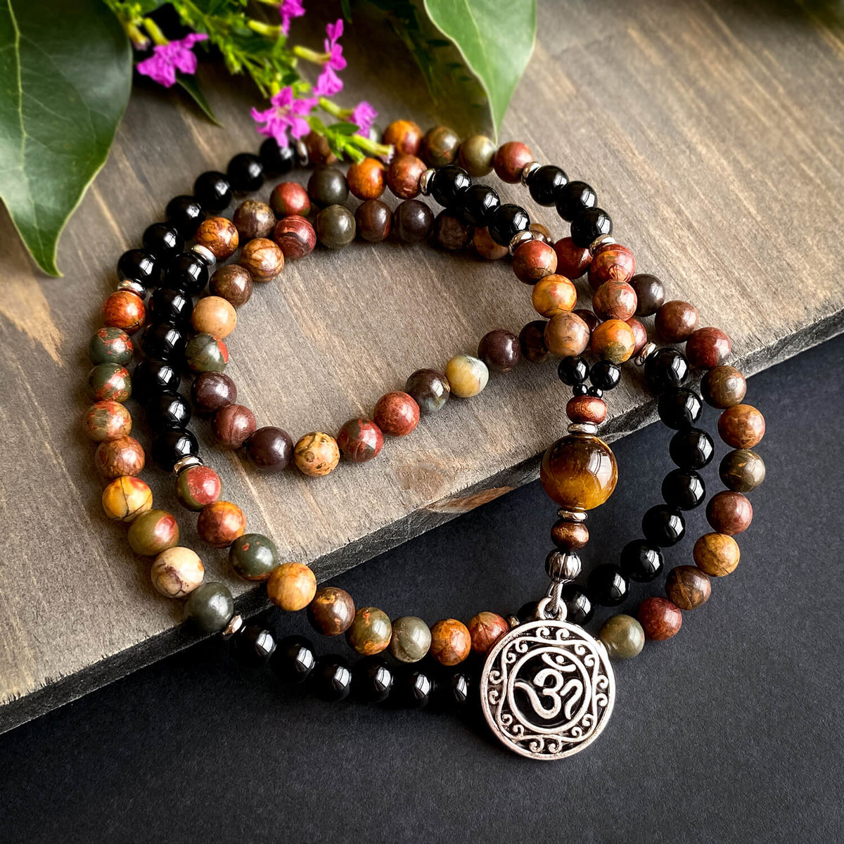 Om Mala Necklace, Picasso Jasper and Onyx