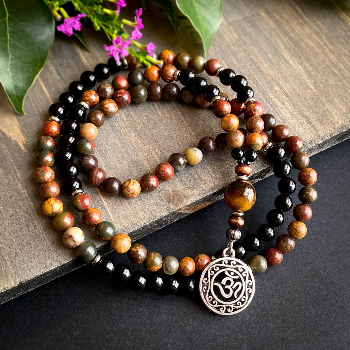Wooden Mala with Coral and Turquoise Inlays, 108 Beads – Buddha Groove