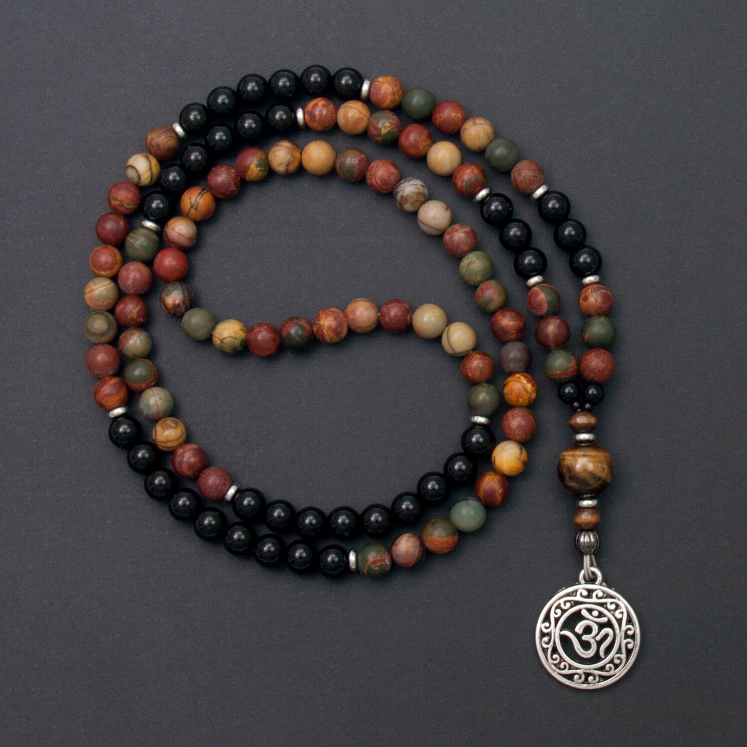 Om Mala Necklace, Picasso Jasper and Onyx