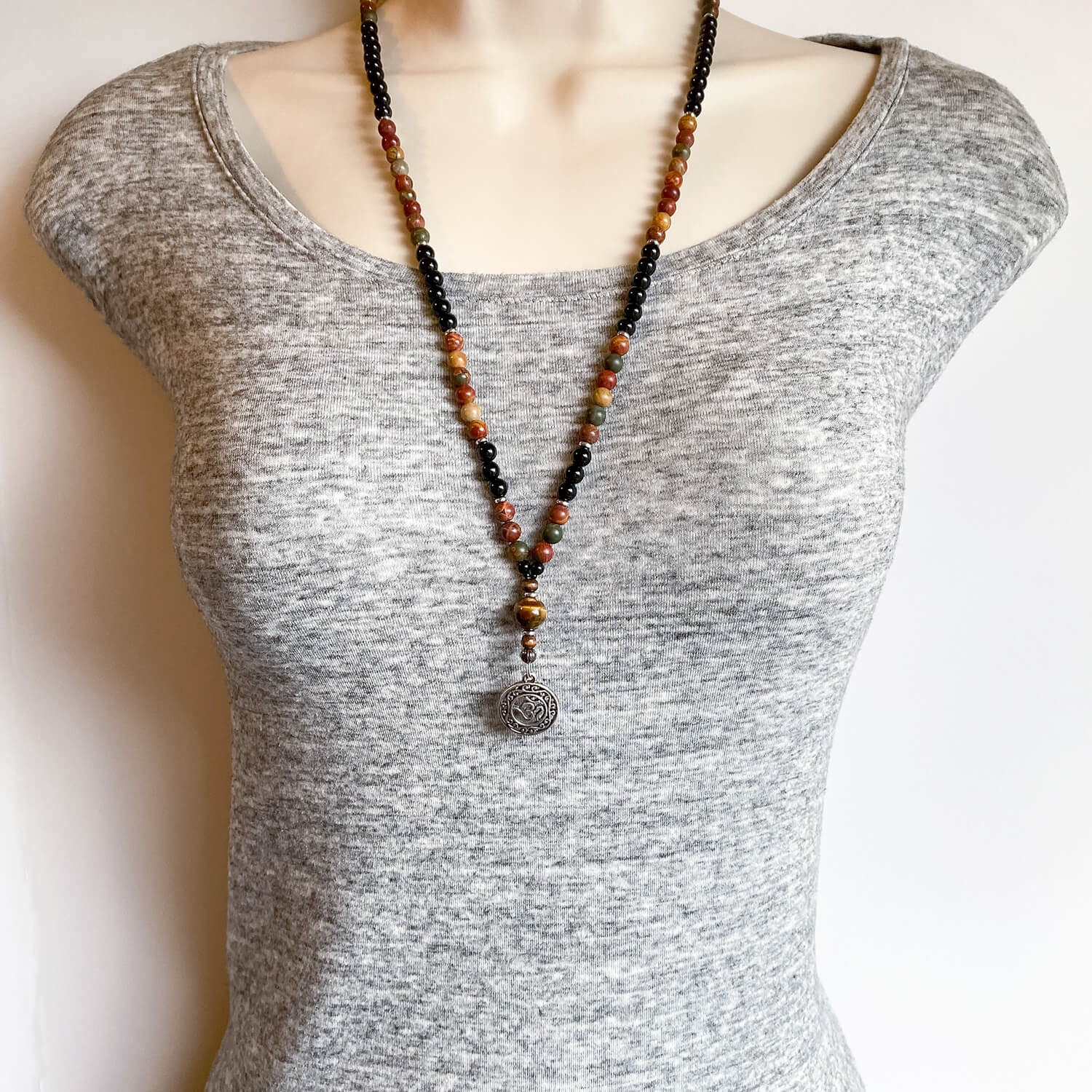 Om Mala Necklace, Picasso Jasper and Onyx