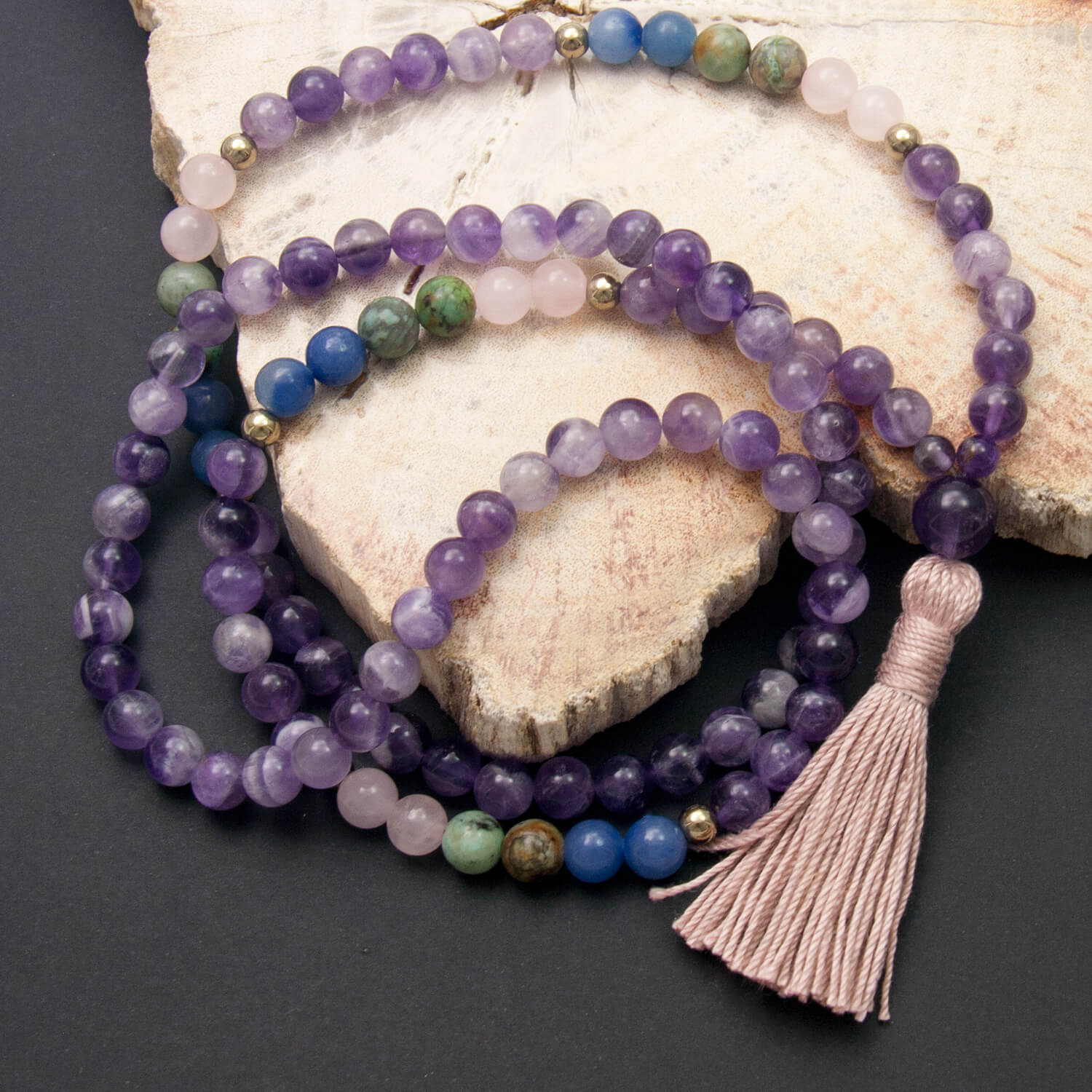 Amethyst Mala with Rose Quartz, Turquoise, Aventurine