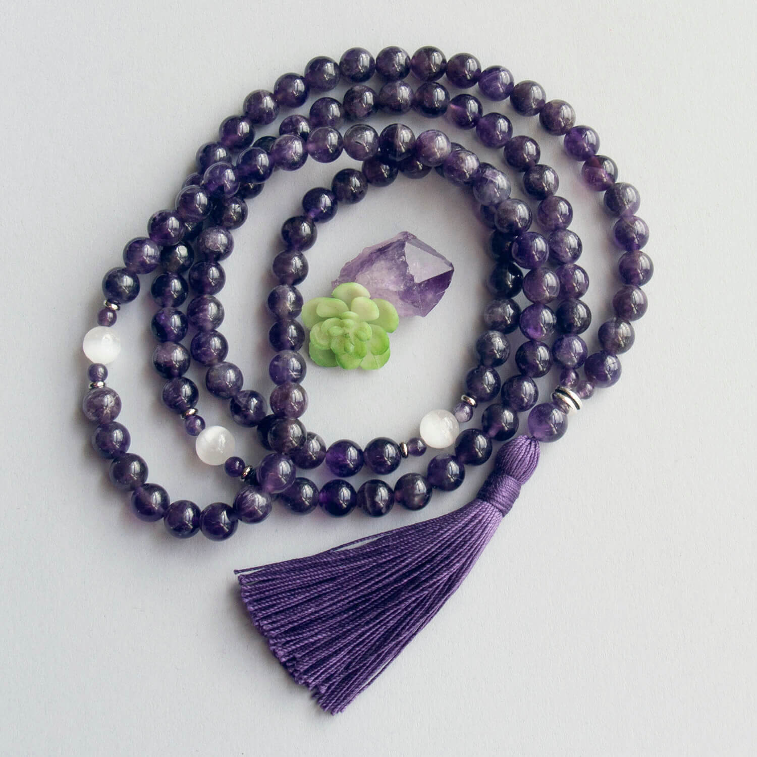 Natural 8mm Amethyst Mala With 108 Prayer Beads For Meditation Necklace AAA