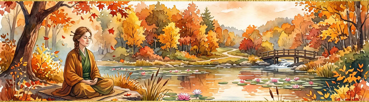 A woman welcomes Autumn meditating by a pond surrounded by vibrant autumn trees with orange, yellow, and red foliage. A small wooden bridge spans the water, which contains lily pads and pink lotus flowers.