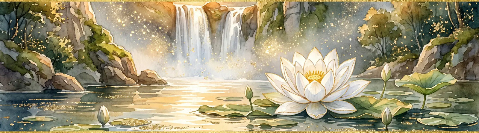 A serene waterfall cascading into a reflective pool, surrounded by rocky cliffs, golden foliage, and a large white lotus flower.
