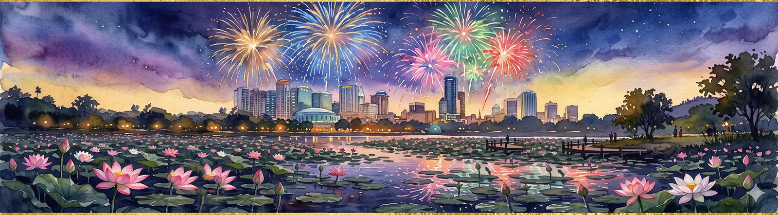 Fireworks over a city skyline with a lake and lotus flowers.