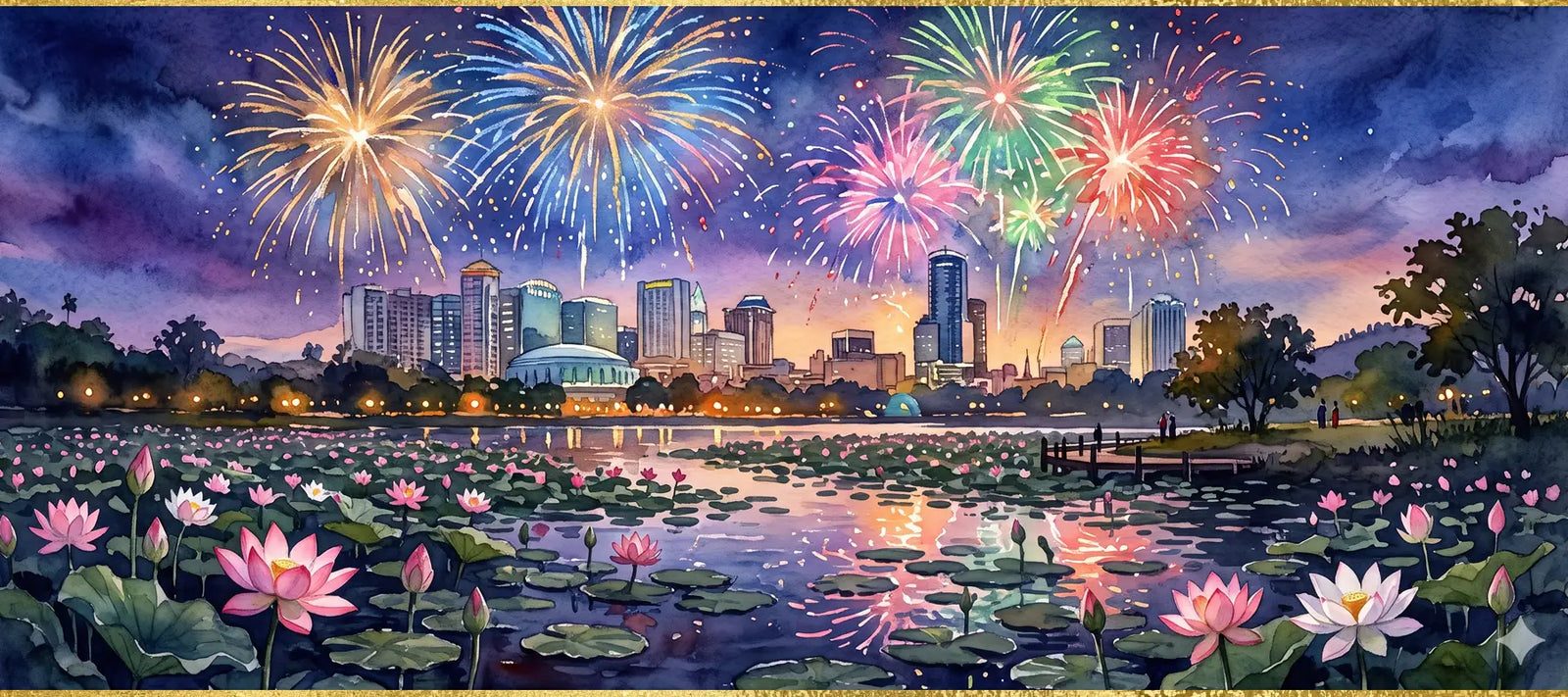 Fireworks over a city skyline with a lake and lotus flowers in the foreground
