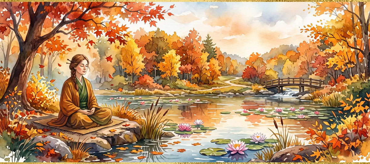 A woman welcomes Autumn meditating by a pond surrounded by vibrant autumn trees with orange, yellow, and red foliage. A small wooden bridge spans the water, which contains lily pads and pink lotus flowers.