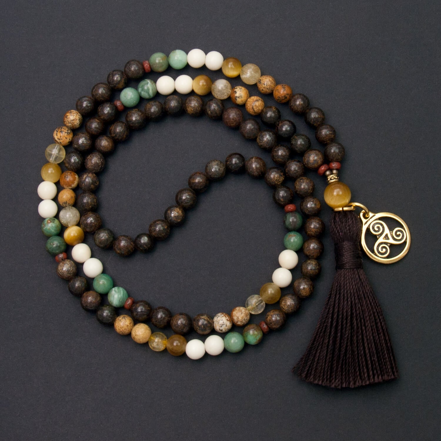 Triskelion Mala - Bronzite, Agate, Citrine, Tiger Eye