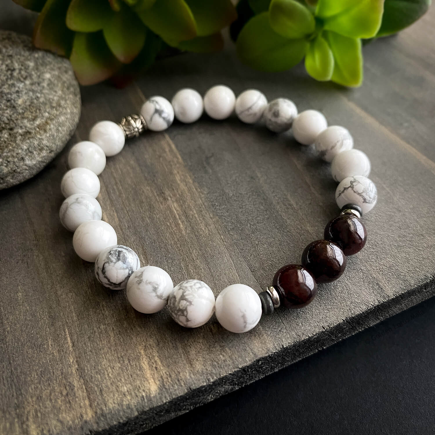 White Marble Howlite Stone Bead Bracelet with Bronze Bar and Spacers - 10mm