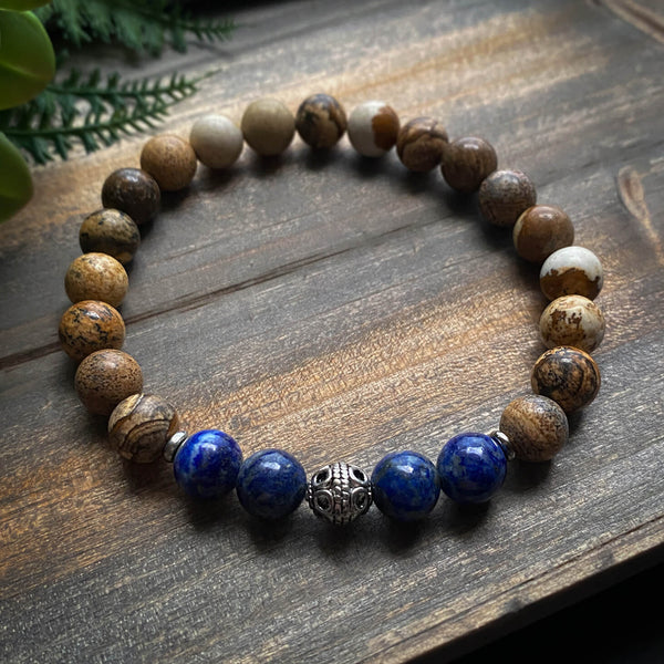 Serenity Mala Bracelet - Picture Jasper & Lapis Lazuli - Golden