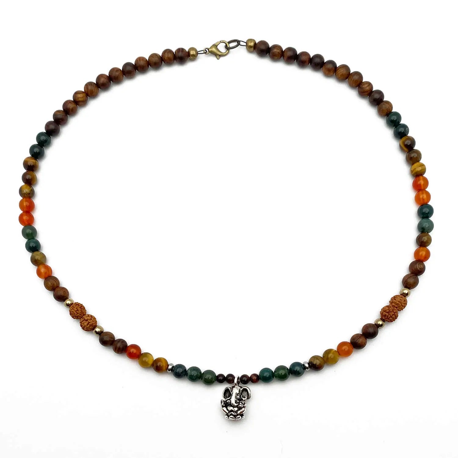 Multicolored beaded necklace with a silver Ganesha charm on a white background