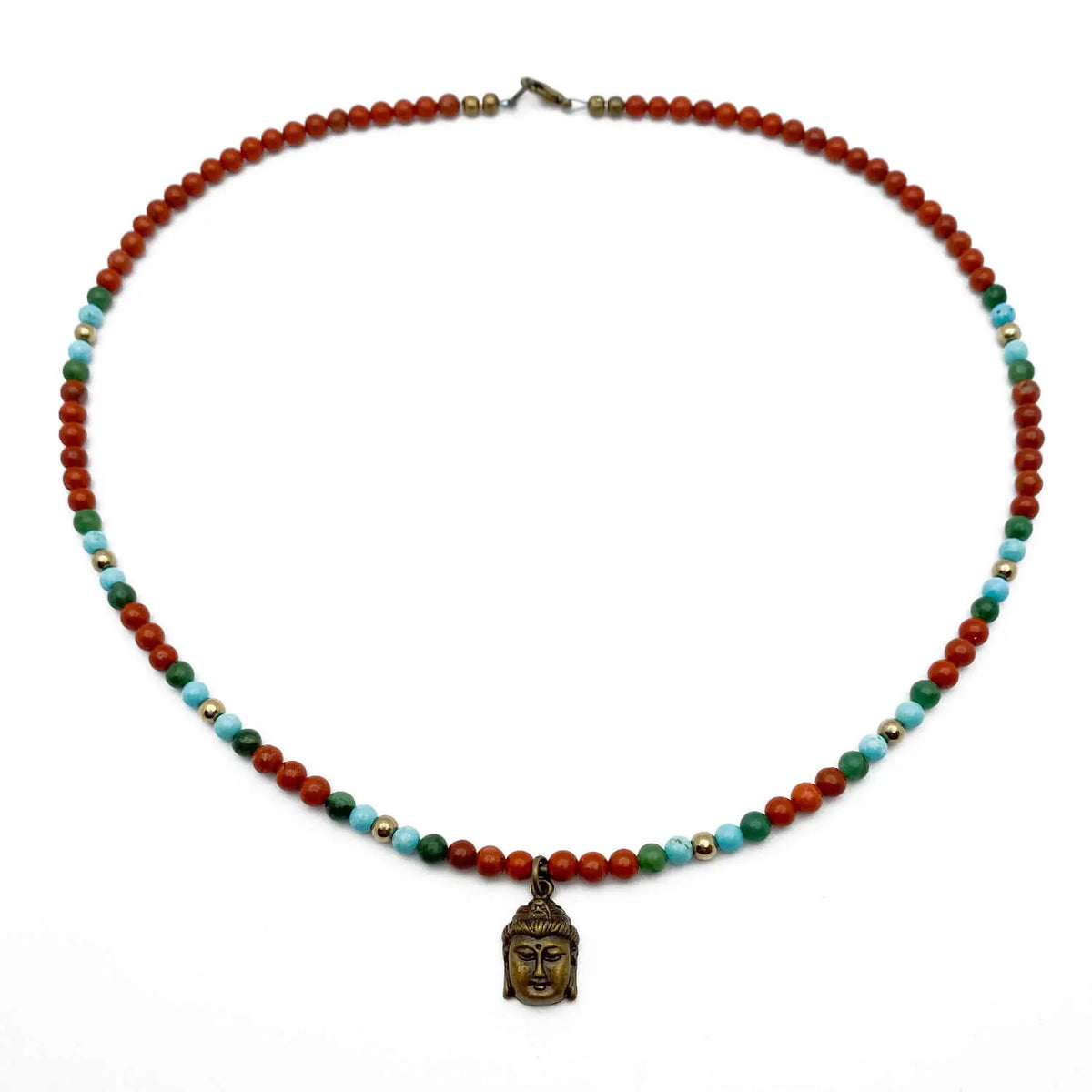 Necklace with multicolored beads and a Buddha pendant on a white background