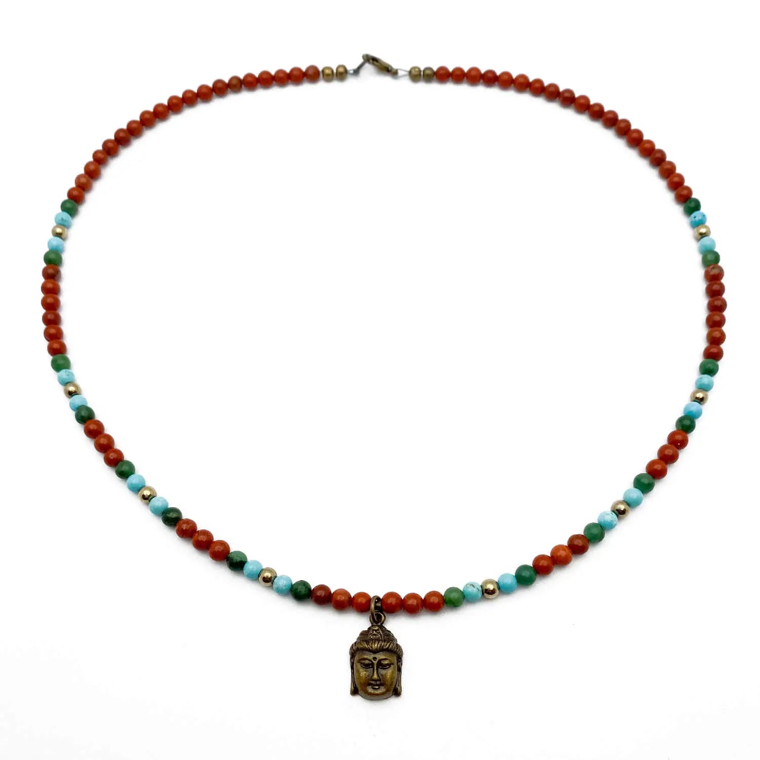 Necklace with multicolored beads and a Buddha pendant on a white background