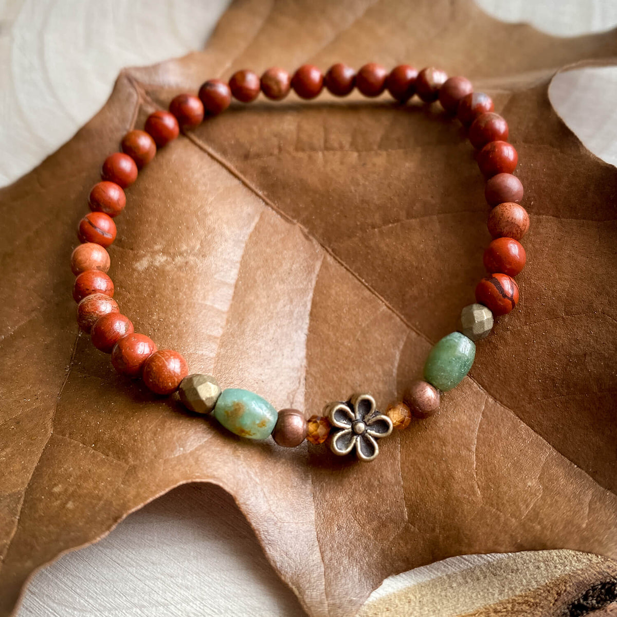 Natural Harmony Bracelet, Red Jasper and Jade with Flower