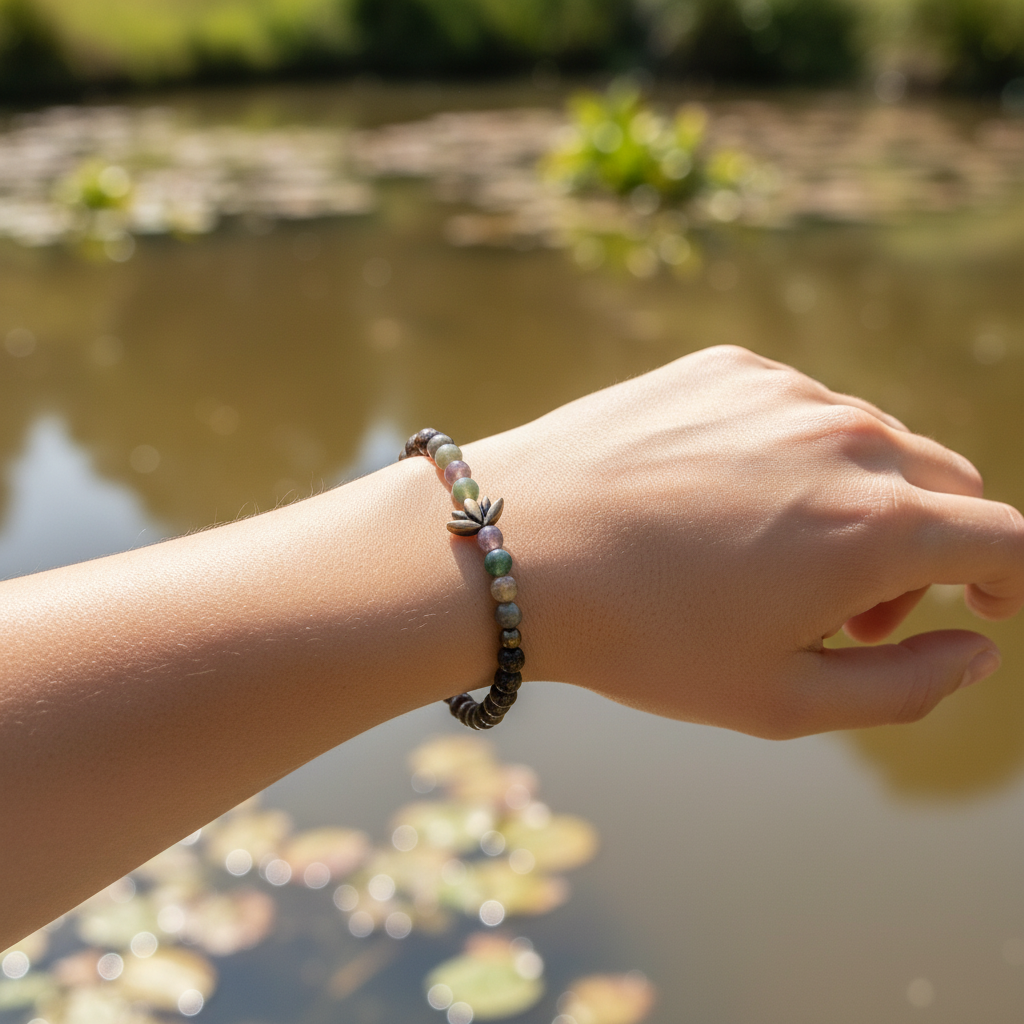 Tranquil Lotus Dainty Bracelet, Agate and Bronzite