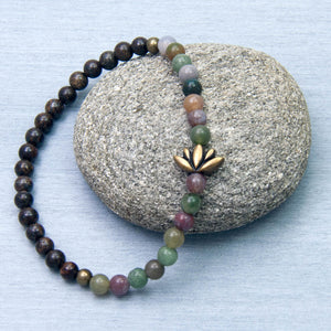 Tranquil Lotus Dainty Bracelet, Agate and Bronzite