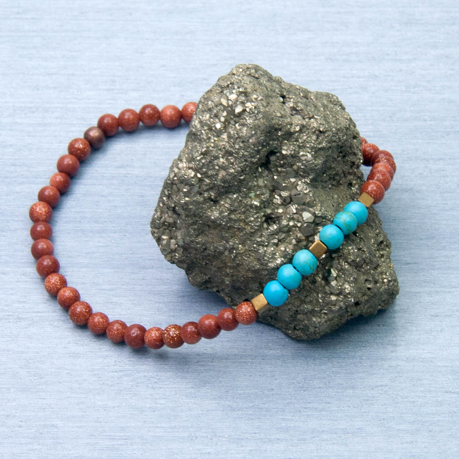 Rustic Tranquility, Goldstone and Turquoise Dainty Bracelet