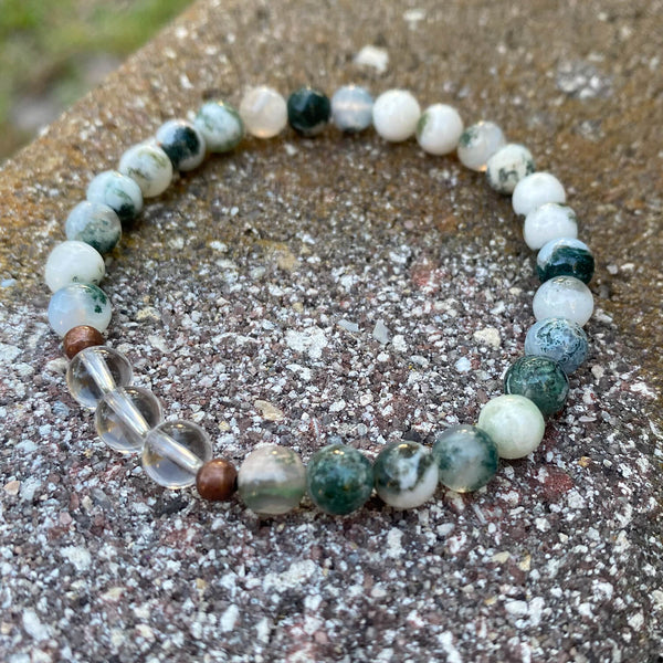 Tree Agate Bracelet with Quartz Crystal - Golden Lotus Mala