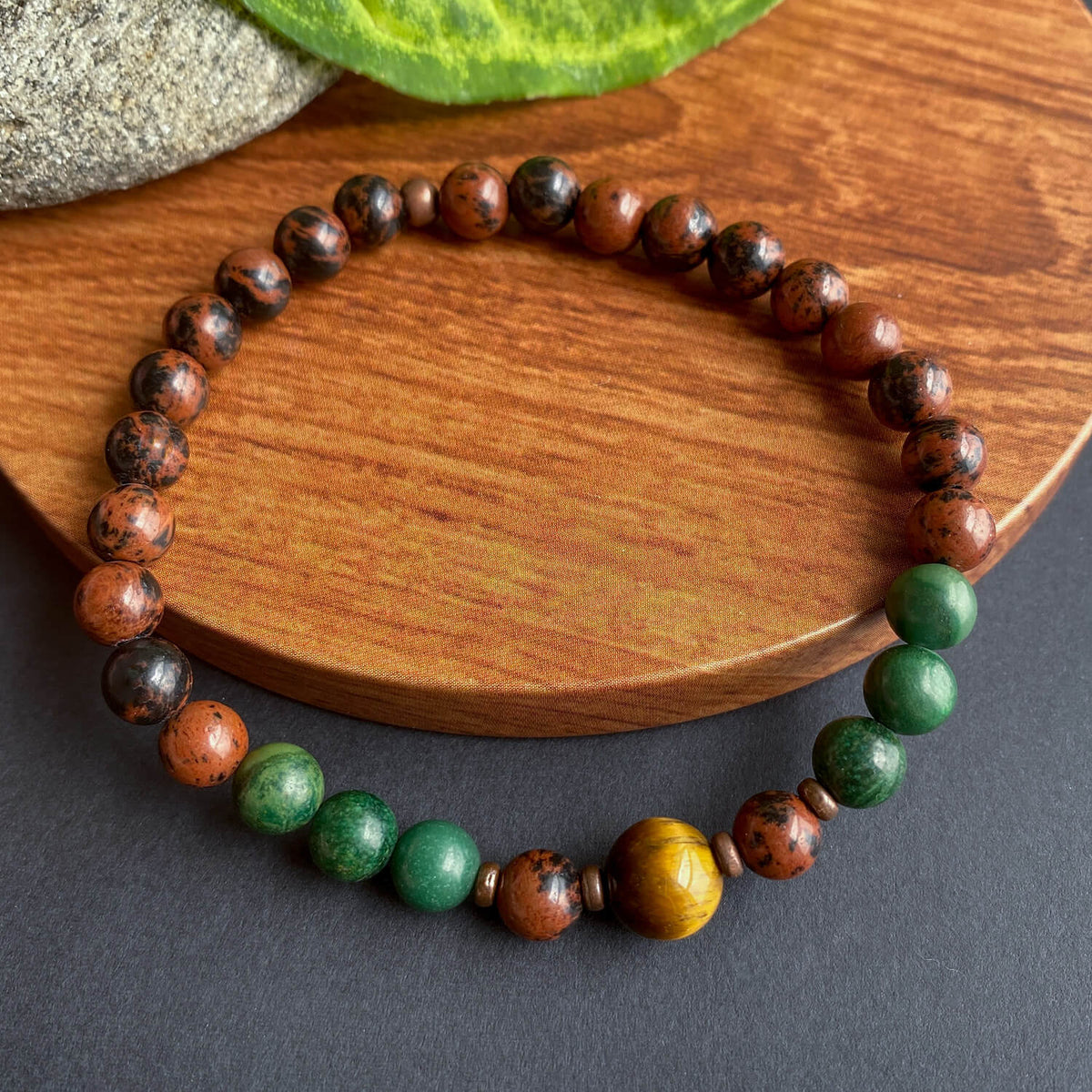 Mahogany Obsidian Bracelet with African Jade and Tiger Eye