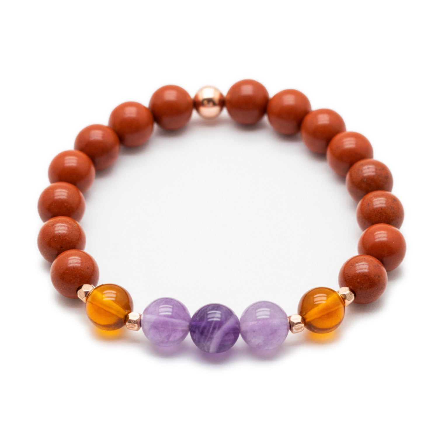 Bracelet with red jasper beads, purple amethyst, orange carnelian gemstones on a white background